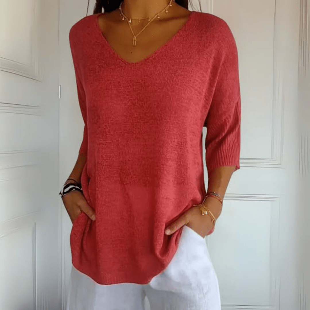 Comfortable Oversized Knit Sweater for Women with V Neck Elbow Sleeve Relaxed Tunic Style