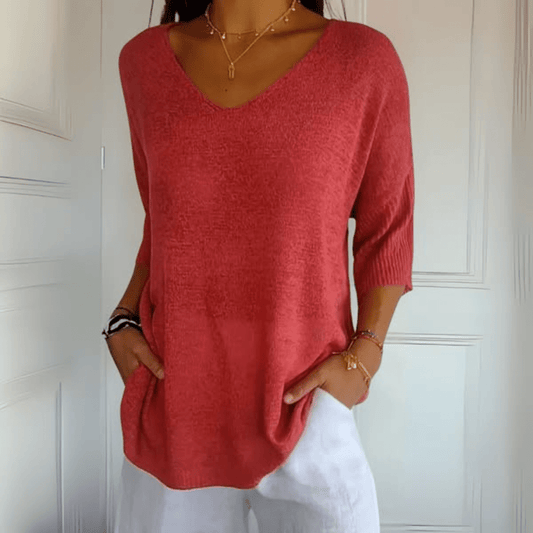 Comfortable Oversized Knit Sweater for Women with V Neck Elbow Sleeve Relaxed Tunic Style