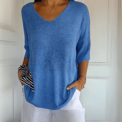 Comfortable Oversized Knit Sweater for Women with V Neck Elbow Sleeve Relaxed Tunic Style