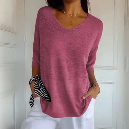 Comfortable Oversized Knit Sweater for Women with V Neck Elbow Sleeve Relaxed Tunic Style