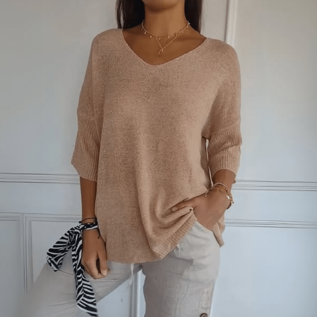 Comfortable Oversized Knit Sweater for Women with V Neck Elbow Sleeve Relaxed Tunic Style