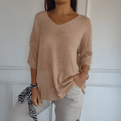 Comfortable Oversized Knit Sweater for Women with V Neck Elbow Sleeve Relaxed Tunic Style