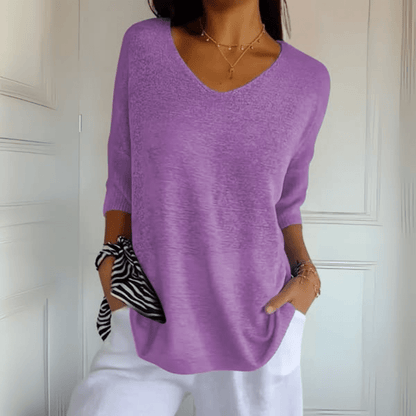 Comfortable Oversized Knit Sweater for Women with V Neck Elbow Sleeve Relaxed Tunic Style