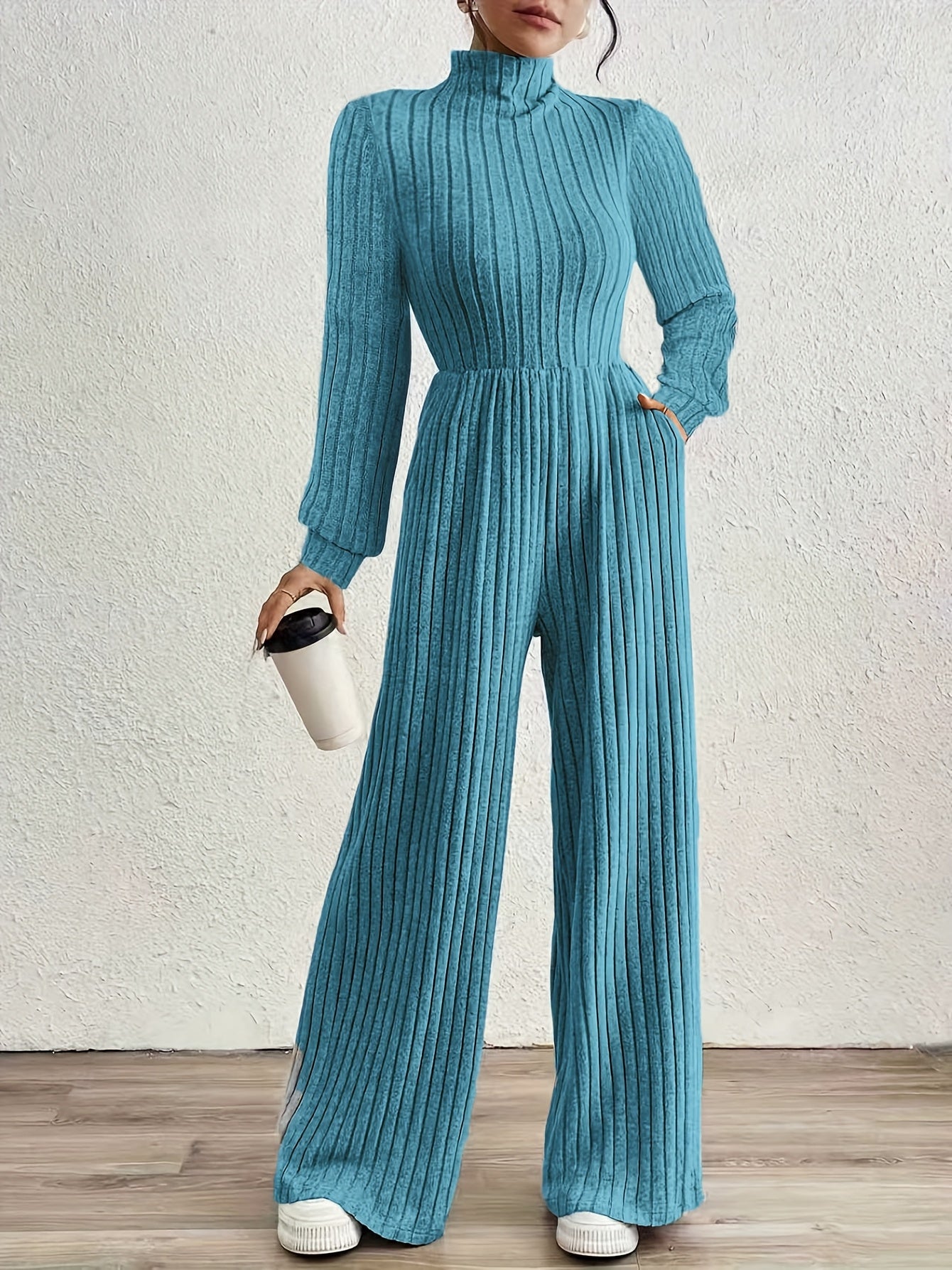 Elegant Ribbed Knit Jumpsuit for Women with Mock Neck Long Sleeve Wide Leg Casual Style