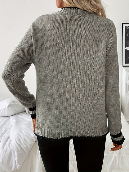 Comfortable Contrast Trim Cardigan Sweater for Women with V Neck Long Sleeve Button Front Knit Style