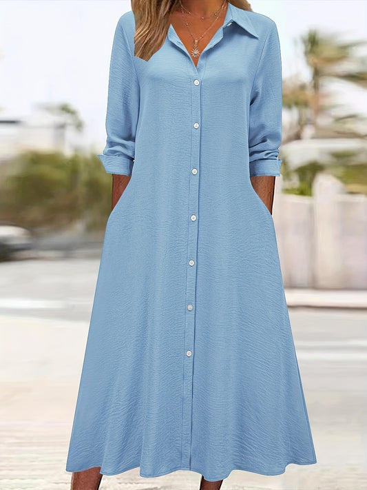 Effortless Shirt Dress for Women with Collar Long Sleeve Button Front Flowing Style