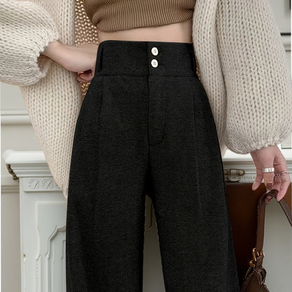 Effortless Herringbone Wide Leg Pant for Women with High Waist Button Front Pleated Tailored Style