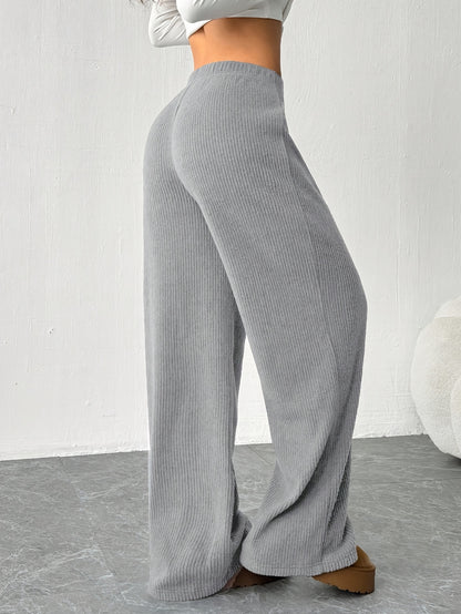 Effortless Ribbed Knit Wide Leg Pants for Women with High Waist Drawstring Relaxed Casual Style