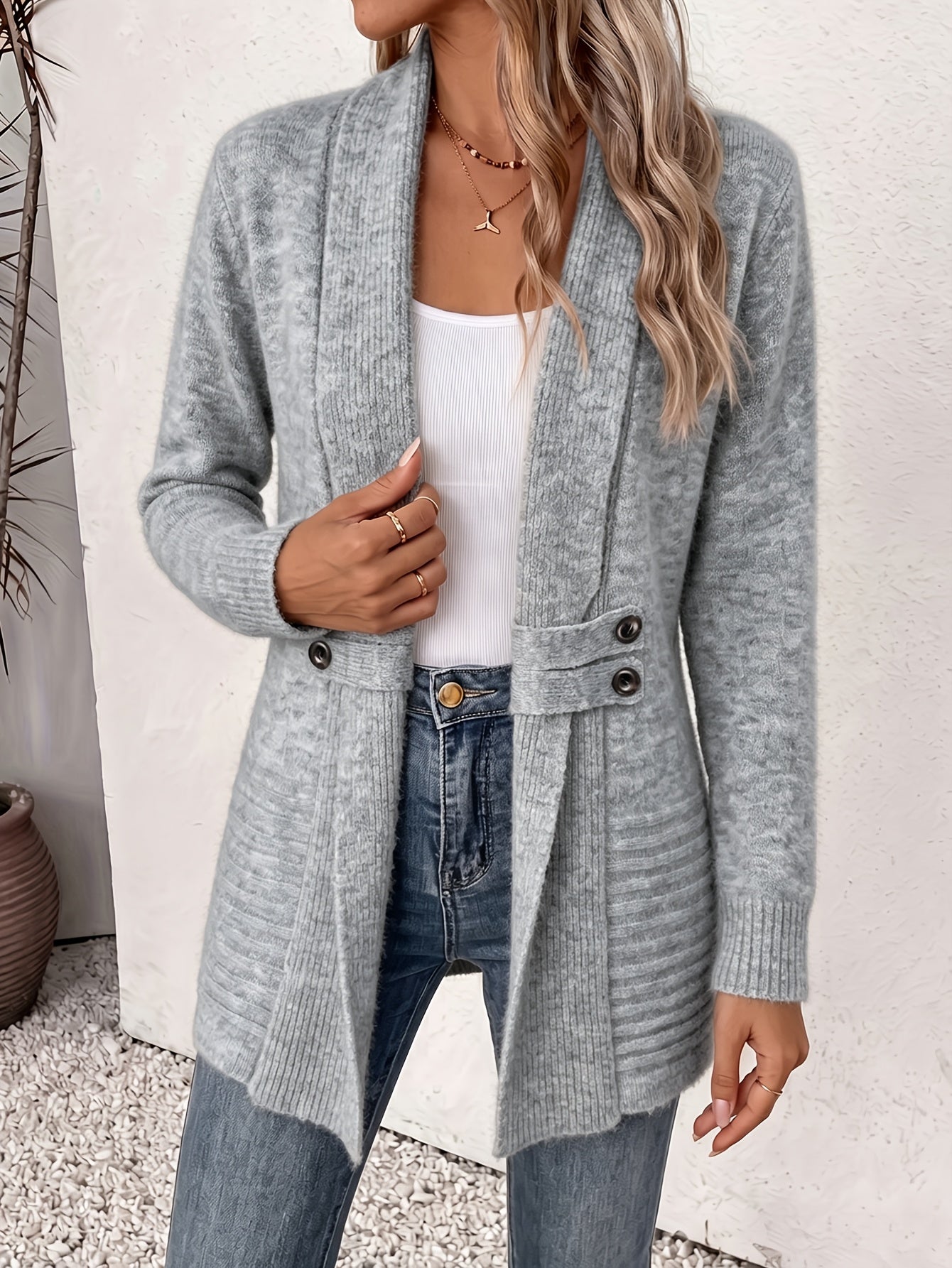 Comfortable Ribbed Cardigan Sweater for Women with Shawl Collar Long Sleeve Button Tab Oversized Knit Style