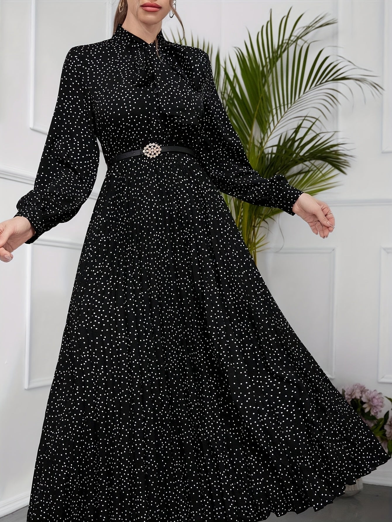 Elegant Polka Dot Maxi Dress for Women with Tie Neck Long Sleeve Pleated Belted Flowing Style