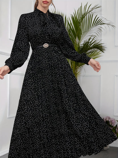 Elegant Polka Dot Maxi Dress for Women with Tie Neck Long Sleeve Pleated Belted Flowing Style