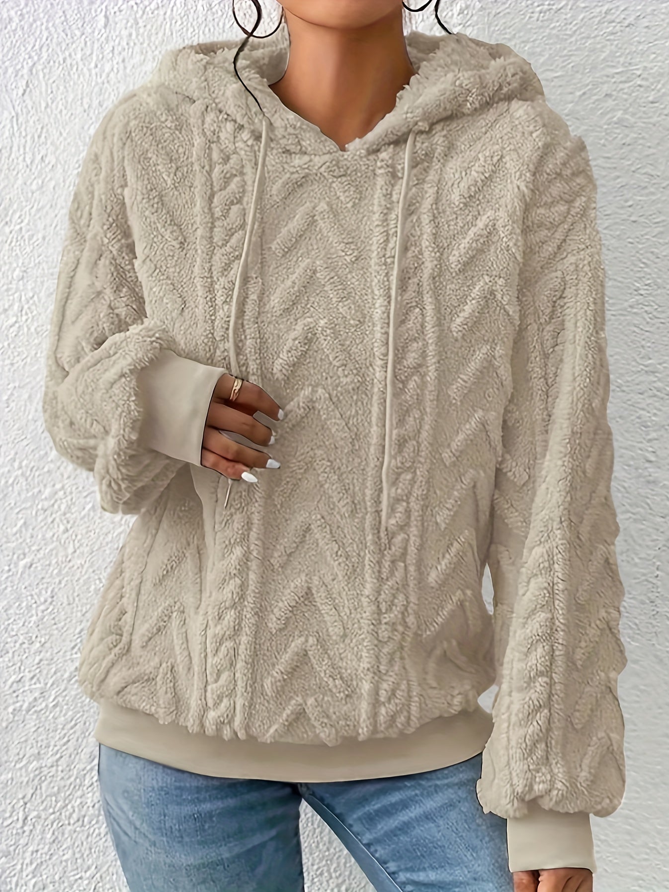 Comfortable Cable Knit Fleece Hoodie for Women with Drawstring Hood Long Sleeve Ribbed Cuff Oversized Style