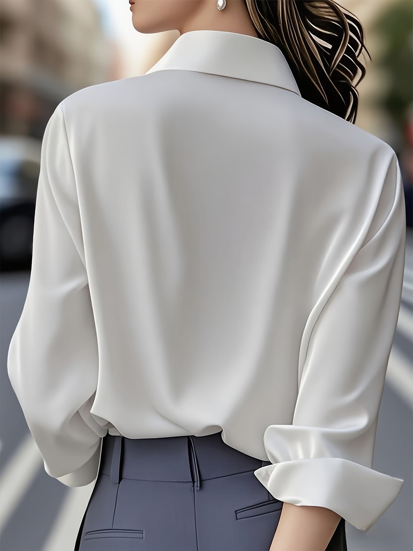 Elegant Satin Blouse for Women with V Neck Long Sleeve Button Front Relaxed Silky Style