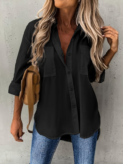 Effortless Button Front Blouse for Women with Collar V Neck Long Sleeve Relaxed Style