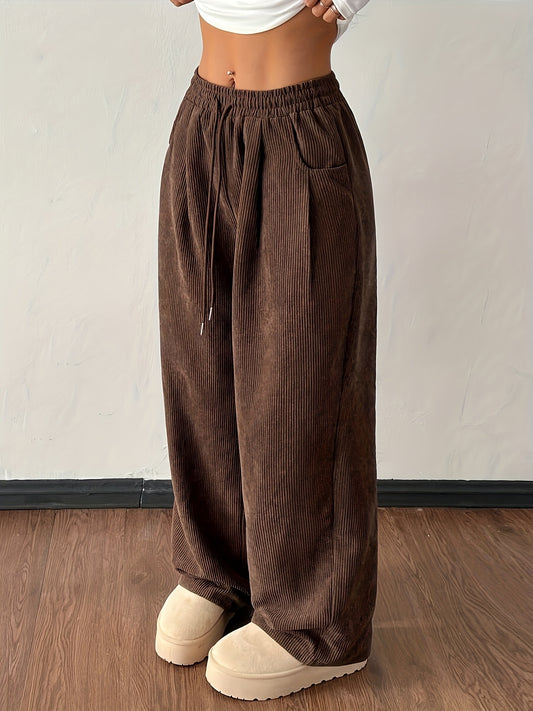 Effortless Dark Brown Corduroy Wide Leg Pants for Women with High Waist Drawstring Relaxed Casual Style