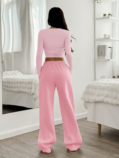Effortless Wide Leg Set for Women with Round Neck Long Sleeve Ruched Drawstring Two Piece Style