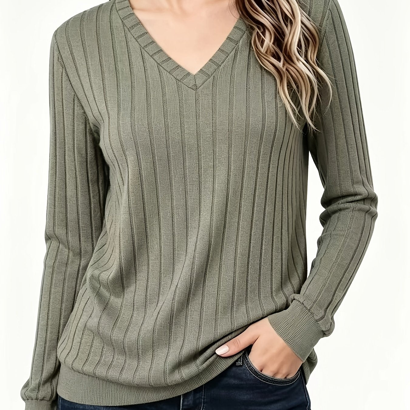 Comfortable Ribbed Knit Sweater for Women with V Neck Long Sleeve Relaxed Oversized Casual Style