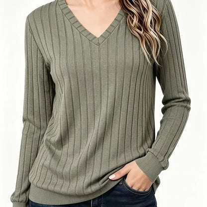 Comfortable Ribbed Knit Sweater for Women with V Neck Long Sleeve Relaxed Oversized Casual Style
