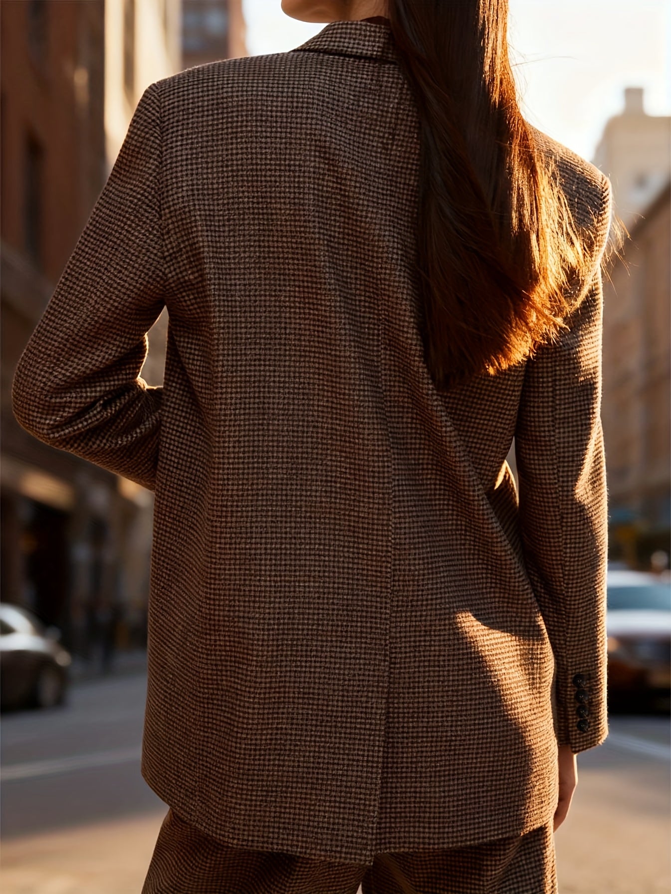 Elegant Coffee Brown Houndstooth Two Piece Set for Women with Notched Lapel Long Sleeve Blazer Tailored Shorts Casual Style