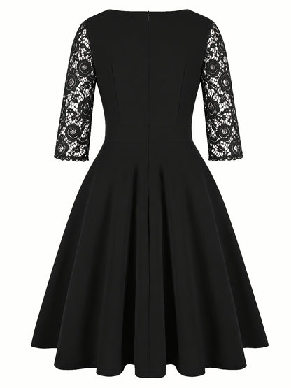 Elegant Lace Midi Dress for Women with Square Neck Three Quarter Sleeve Fit and Flare Cocktail Style