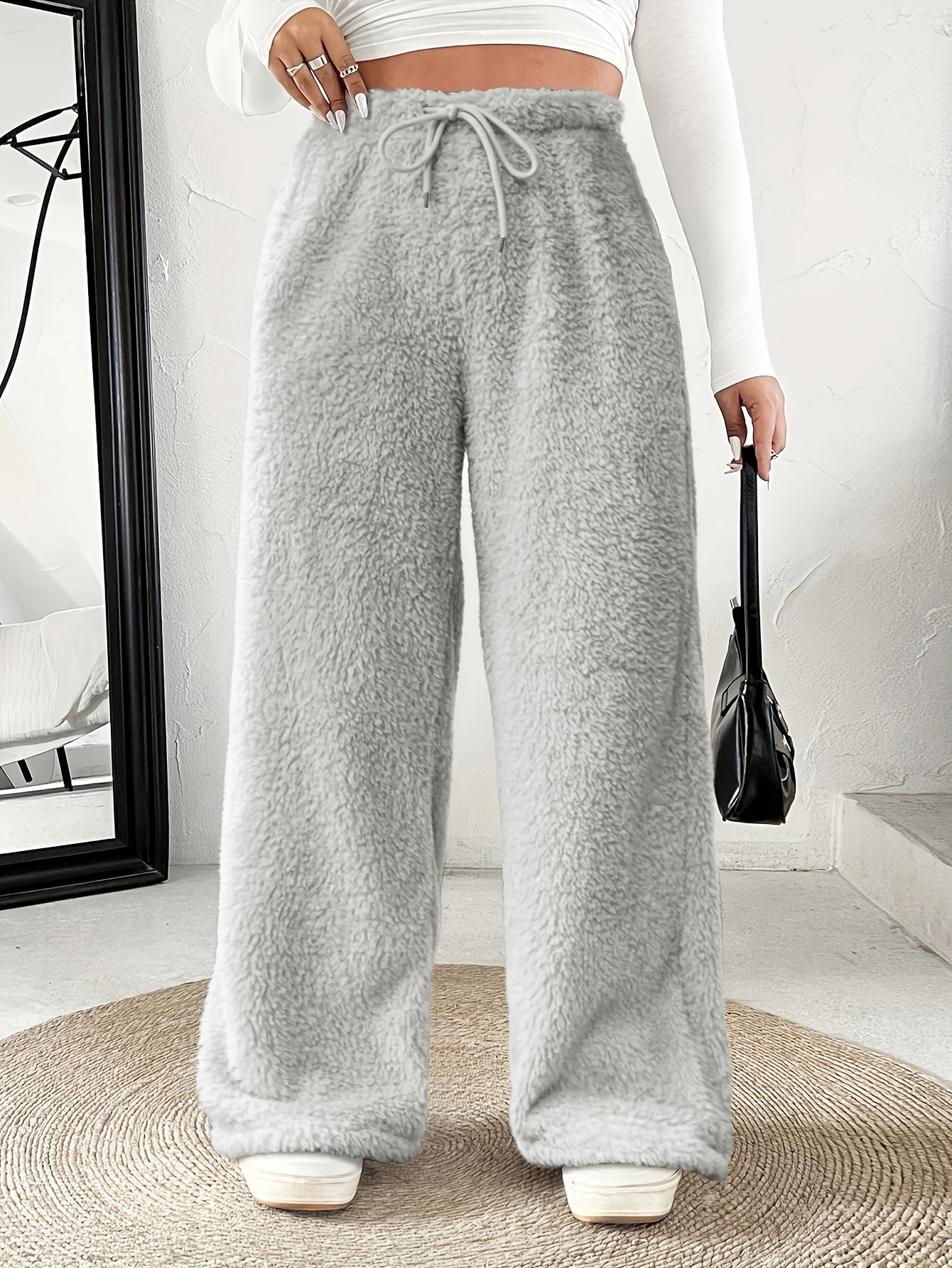 Effortless Fuzzy Fleece Wide Leg Pants for Women with High Waist Drawstring Relaxed Cozy Style