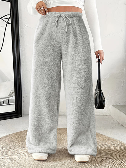 Effortless Fuzzy Fleece Wide Leg Pants for Women with High Waist Drawstring Relaxed Cozy Style