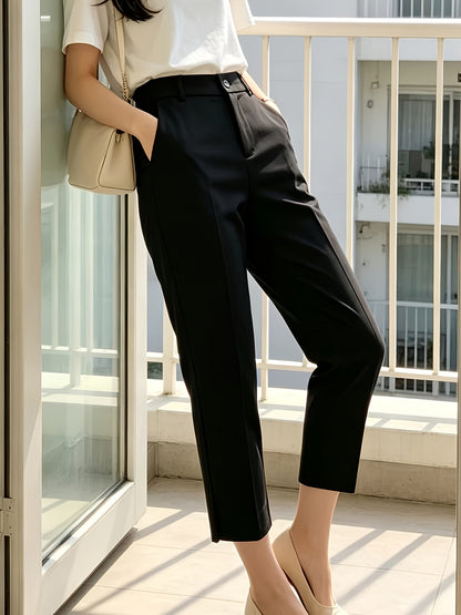Elegant Tailored Dress Pants for Women with High Waist Button Front Side Slit Cropped Style