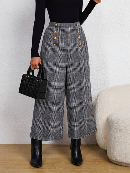 Elegant Grey Houndstooth Wide Leg Pants for Women with High Waist Button Front Tailored Style