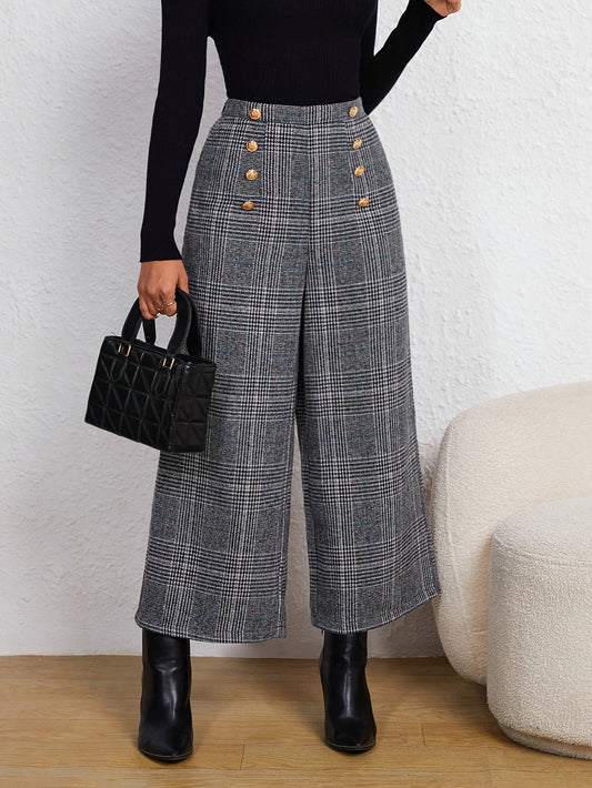 Elegant Grey Houndstooth Wide Leg Pants for Women with High Waist Button Front Tailored Style