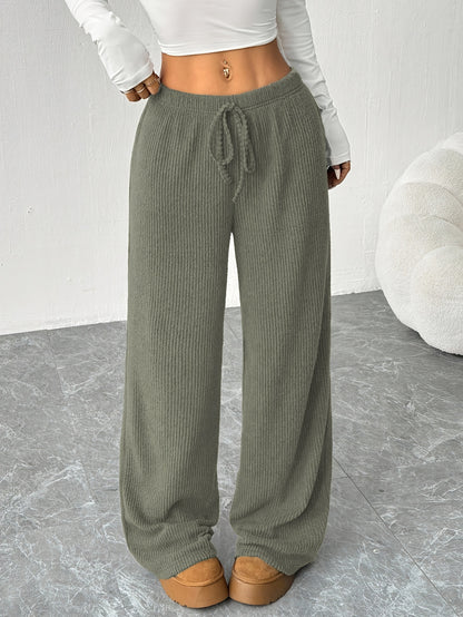 Effortless Ribbed Knit Wide Leg Pants for Women with High Waist Drawstring Relaxed Casual Style