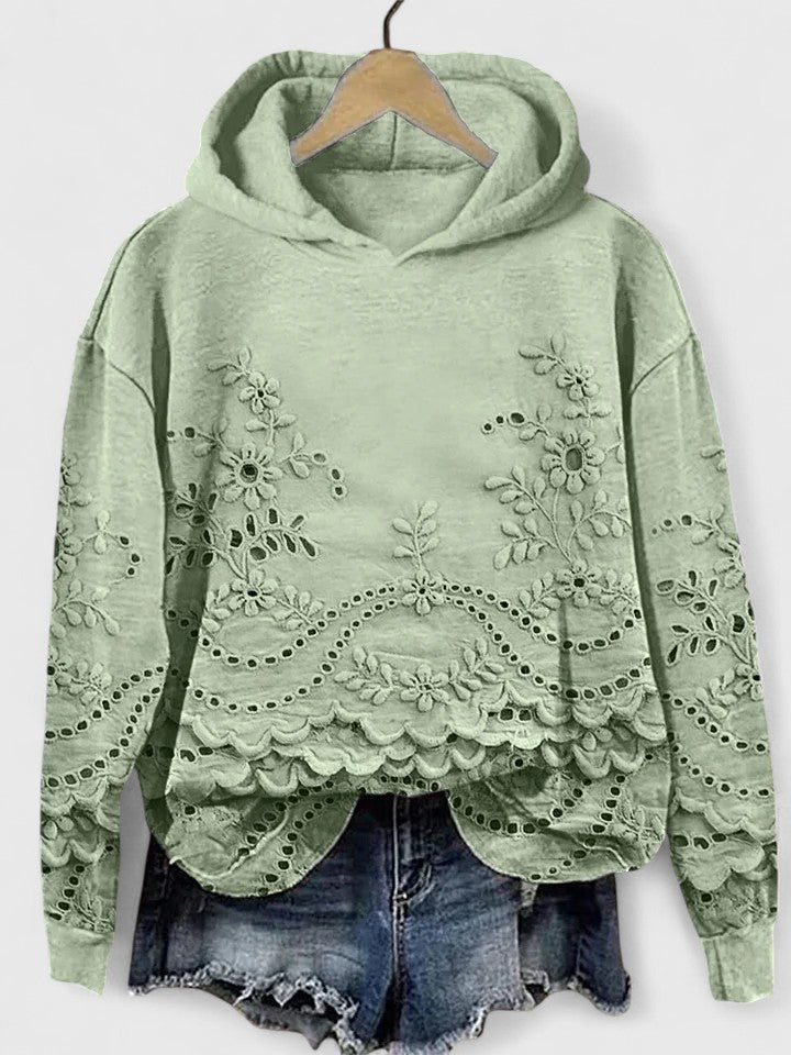 Effortless Eyelet Embroidered Cropped Hoodie for Women with Hood Long Sleeve Scalloped High Low Hem Bohemian Style