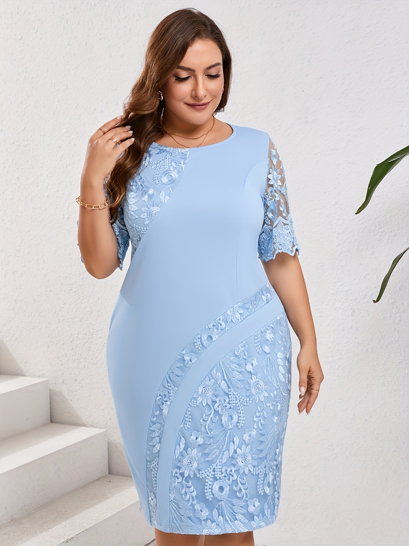 Elegant Floral Lace Bodycon Midi Dress for Women with Round Neck Half Sleeve Plus Size Formal Style