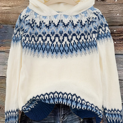Comfortable Fair Isle Print Sweater for Women with Hooded Long Sleeve Relaxed Oversized Knit Style