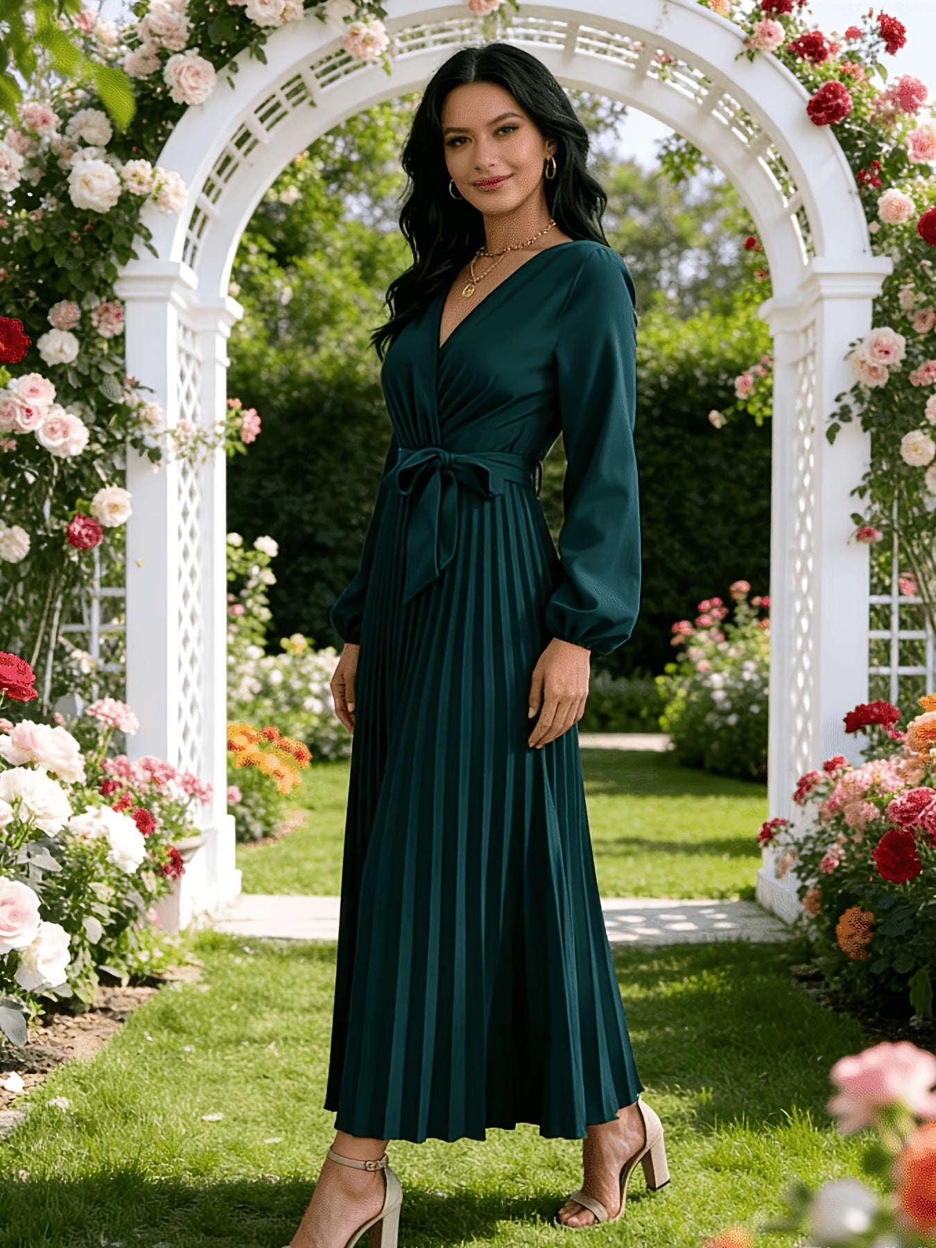 Elegant Pleated Wrap Maxi Dress for Women with V Neck Long Sleeve Belted Flowing Style