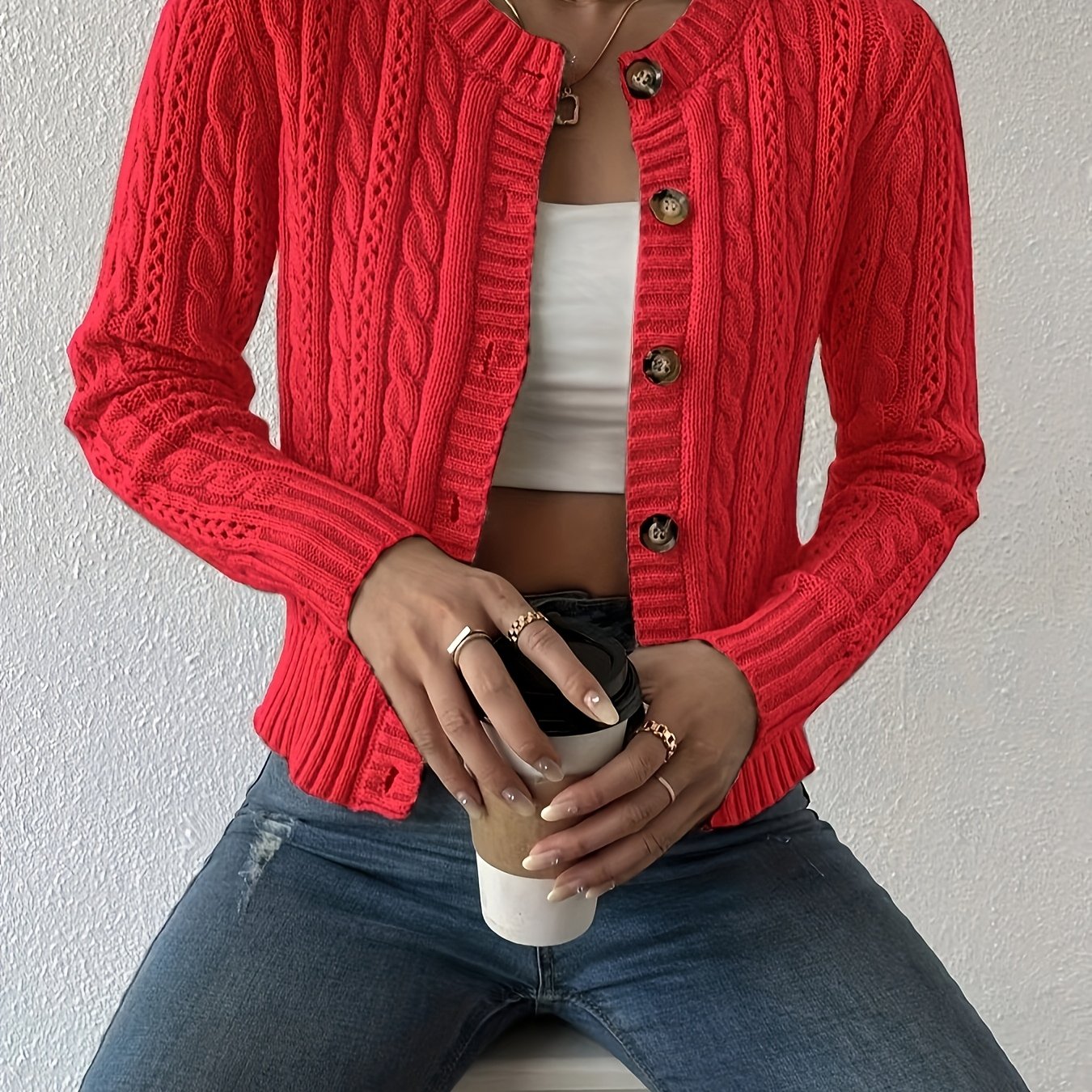 Comfortable Cable Knit Cardigan Sweater for Women with Round Neck Long Sleeve Button Front Cropped Relaxed Style