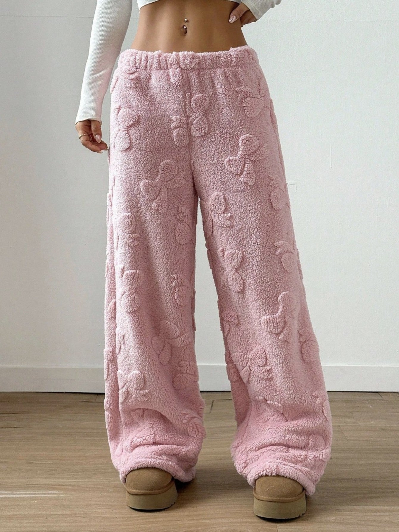 Comfortable Pink Sherpa Wide Leg Pants for Women with High Waist Elastic Bow Print Cozy Style