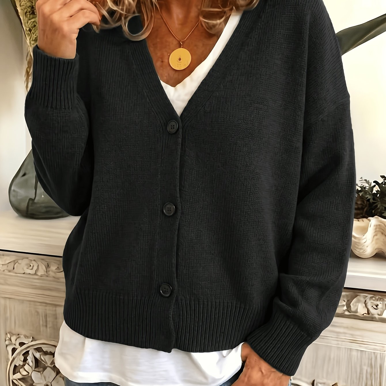 Comfortable Ribbed Knit Cardigan for Women with V Neck Long Sleeve Button Front Relaxed Oversized Style