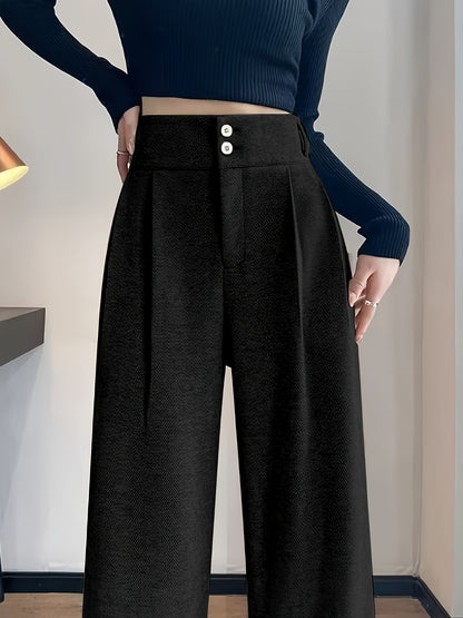 Effortless Herringbone Wide Leg Pant for Women with High Waist Button Front Pleated Tailored Style