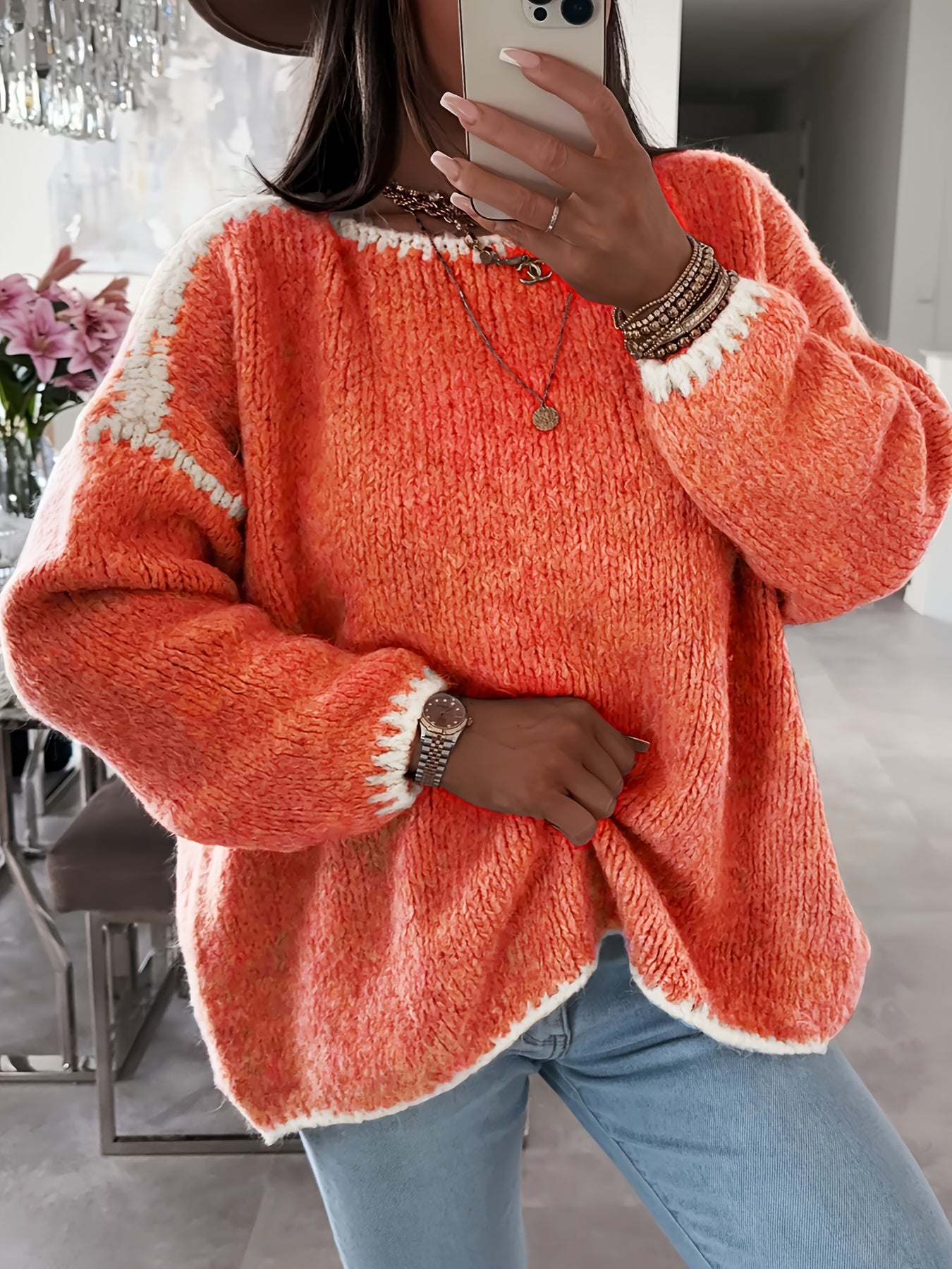 Comfortable Contrast Trim Sweater for Women with Crew Neck Long Sleeve Relaxed Oversized Knit Style