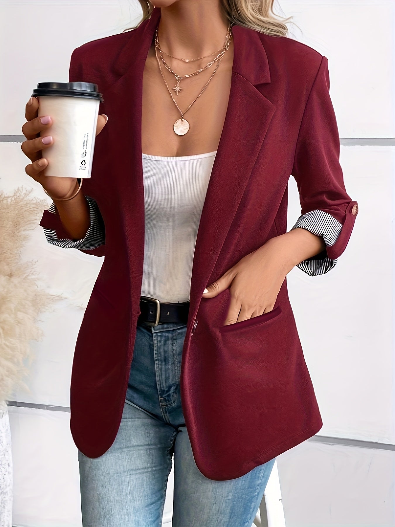 Elegant Blazer Jacket for Women with Notch Lapel Roll Tab Sleeve Striped Cuff Relaxed Style