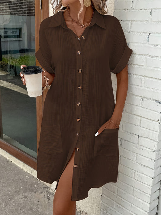 Effortless Textured Cotton Shirt Dress for Women with Collar Short Sleeve Button Front Relaxed Casual Style