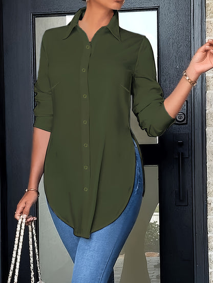 Effortless Tunic Blouse for Women with Collar Long Sleeve Button Front High Low Hem Style