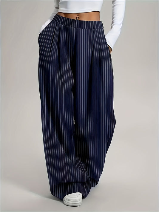 Effortless Navy Pinstripe Wide Leg Pants for Women with High Waist Pleated Relaxed Tailored Style