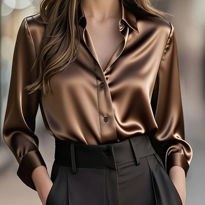 Elegant Satin Blouse for Women with Collar Long Sleeve Button Front Relaxed Silky Style