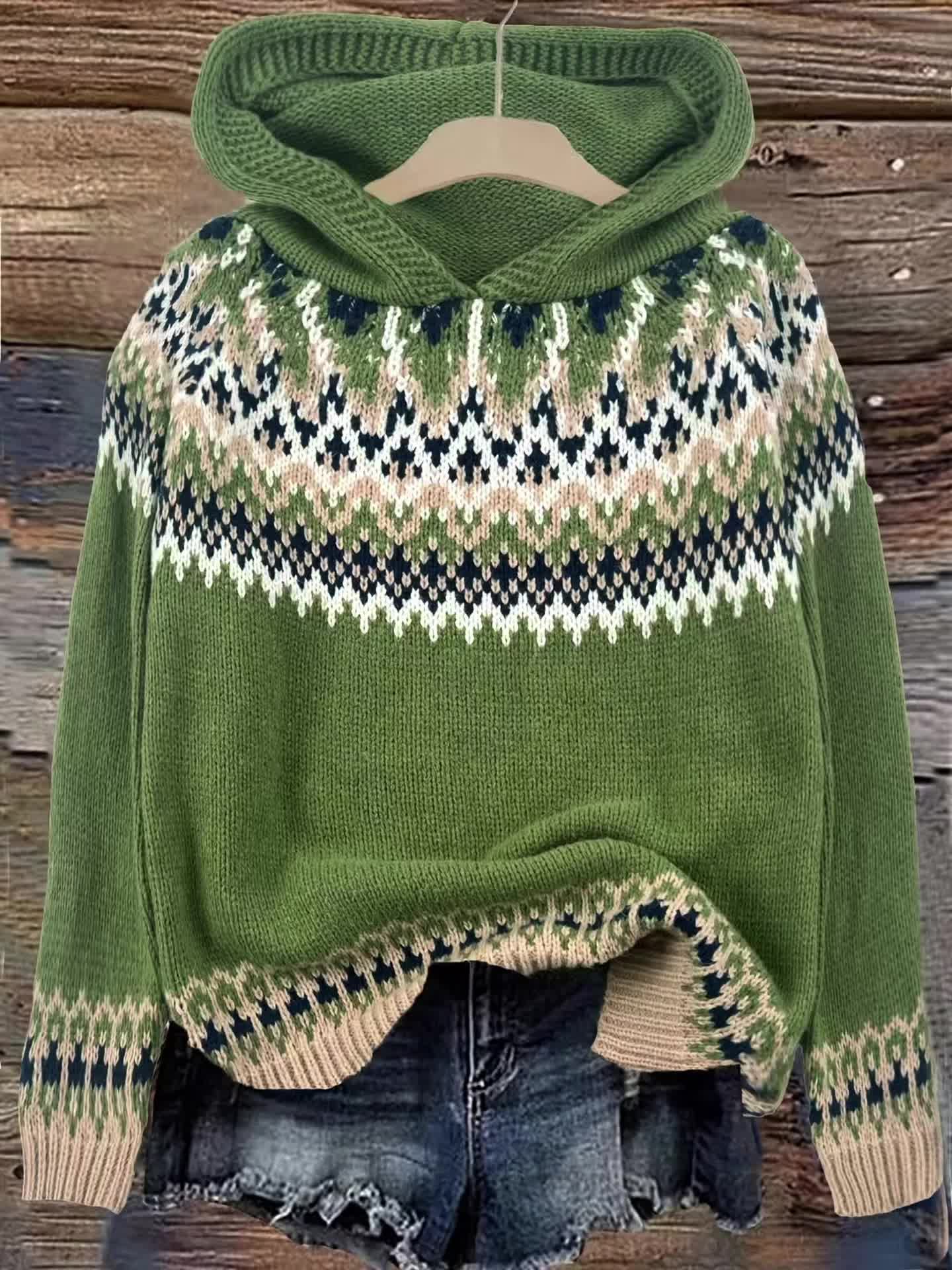 Comfortable Fair Isle Print Sweater for Women with Hooded Long Sleeve Relaxed Oversized Knit Style