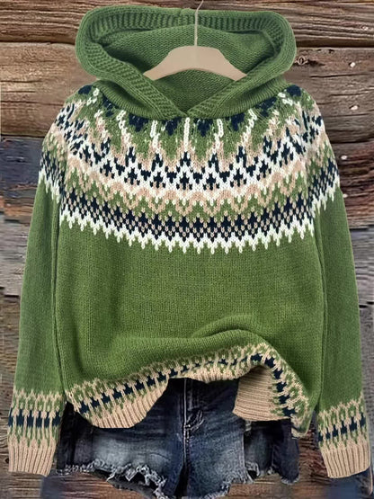 Comfortable Fair Isle Print Sweater for Women with Hooded Long Sleeve Relaxed Oversized Knit Style