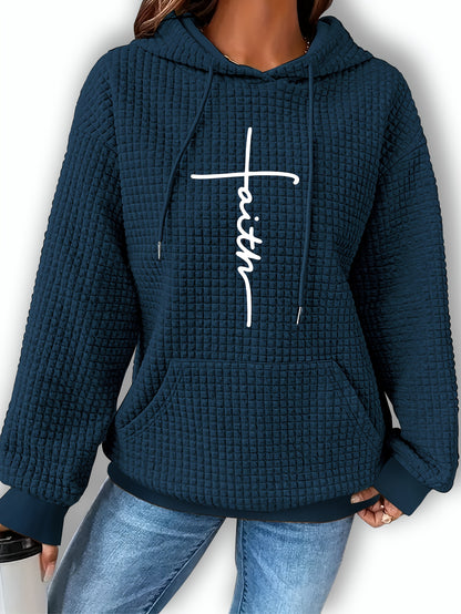 Comfortable Waffle Knit Graphic Hoodie for Women with Drawstring Long Sleeve Kangaroo Pocket Oversized Style