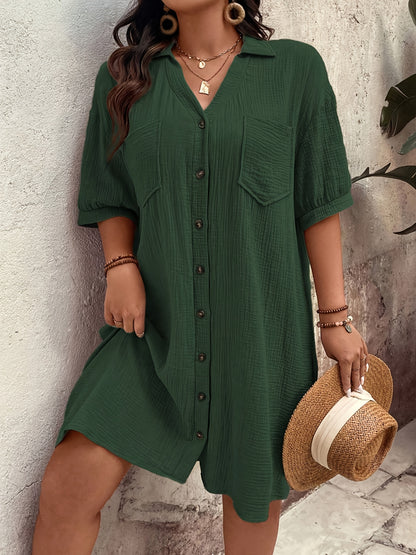 Effortless Wheat Cotton Shirt Dress for Women with Collar V Neck Elbow Sleeve Button Front Relaxed Style