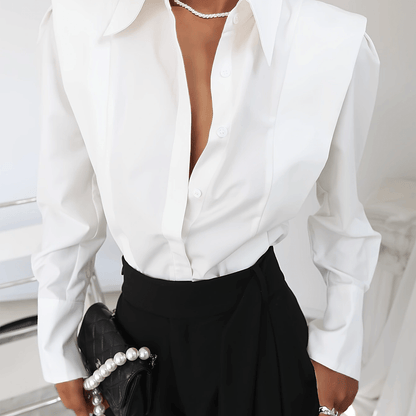 Elegant Power Shoulder Blouse for Women with Point Collar Long Sleeve Button Front Tailored Style