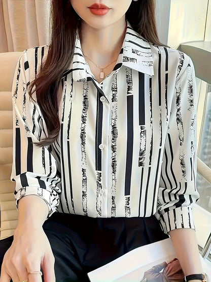 Effortless Striped Blouse for Women with Collar Long Sleeve Button Front Relaxed Style